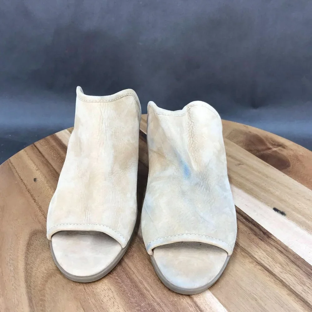 Lucky Brand Beige Leather Peep Toe Mules Slip On Womens Size 6 B